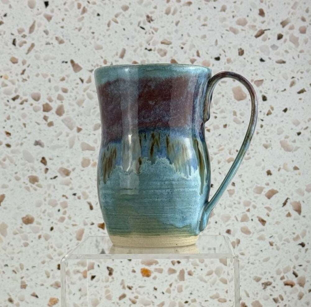 Handmade Pottery Mug with Blue and Purple Glaze signed 5.5โ